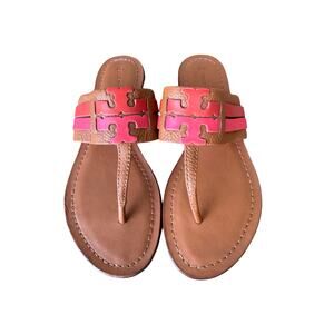 Tory Burch Leigh Ambra Leather Thong Sandals Size 7 Bright Carnelian Azalea